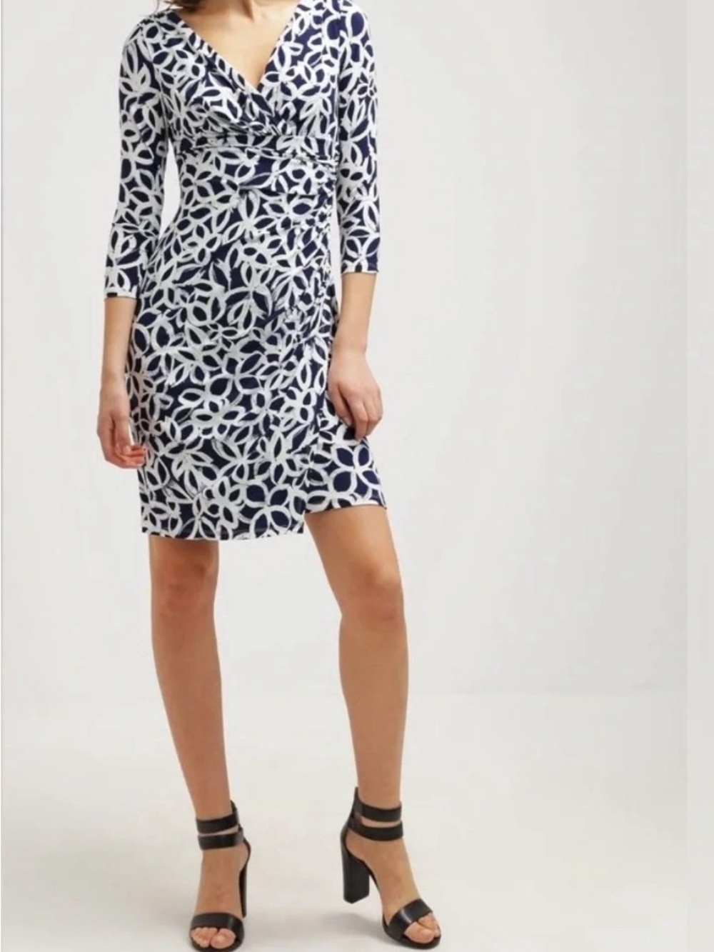 Lauren Ralph Lauren Navy and White Printed Long-Sleeve Wrap Dress